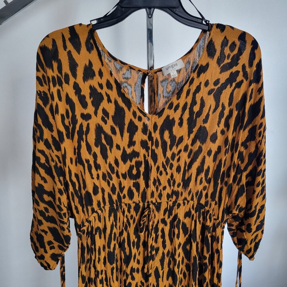 CLEARANCE- Umgee Tiered High Low Brown Leopard Boho-Glam Chic Midi Dress (S: L)
